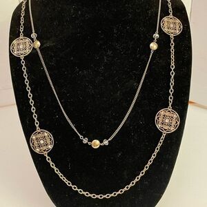 VINTAGE 34” layered abstract gold tone medallions & beaded layered necklace